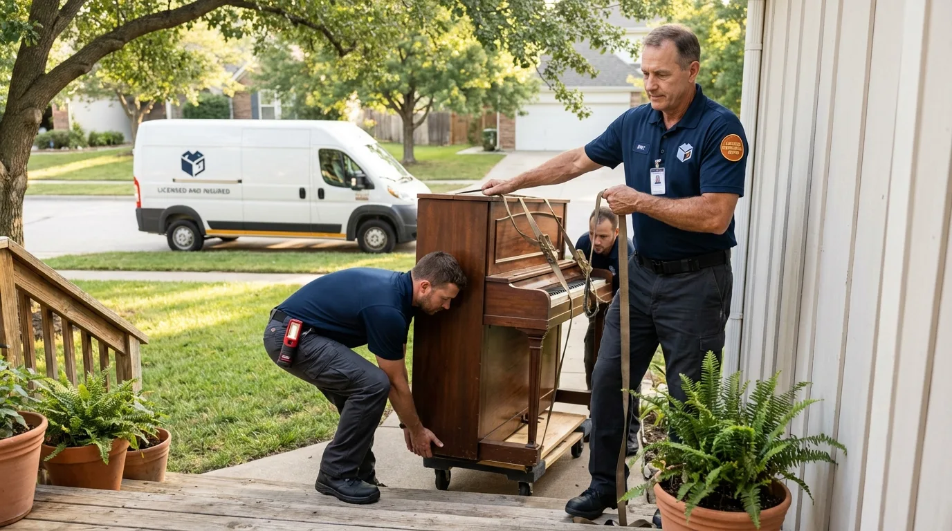 Licensed piano movers securing grand piano in Irvington, NJ