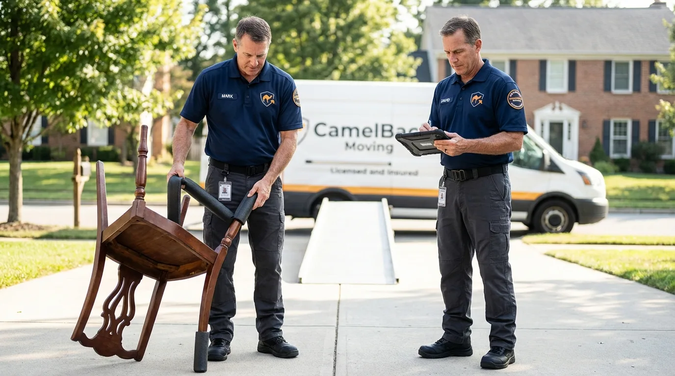 Movers inspecting furniture for damage prevention before loading in Irvington, NJ