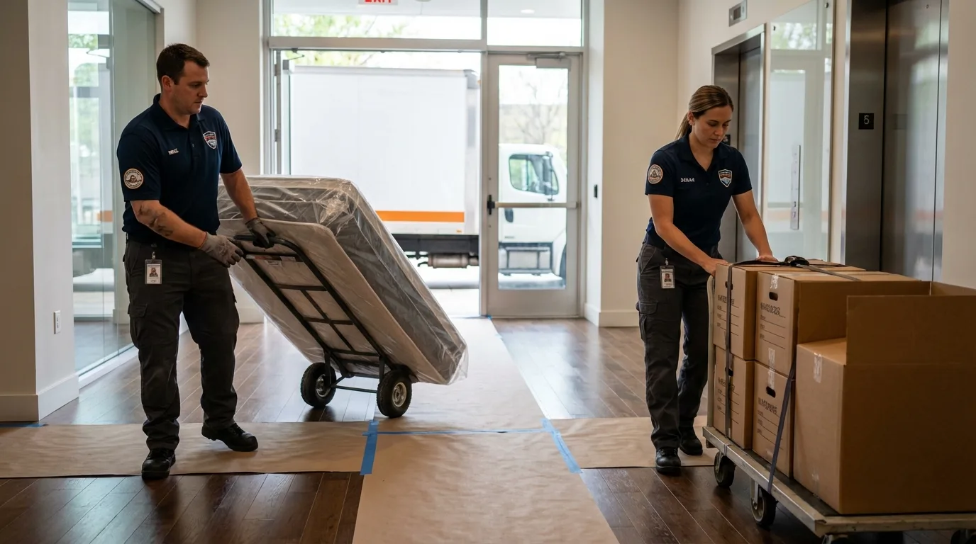 Professional apartment movers loading elevator in Irvington, NJ